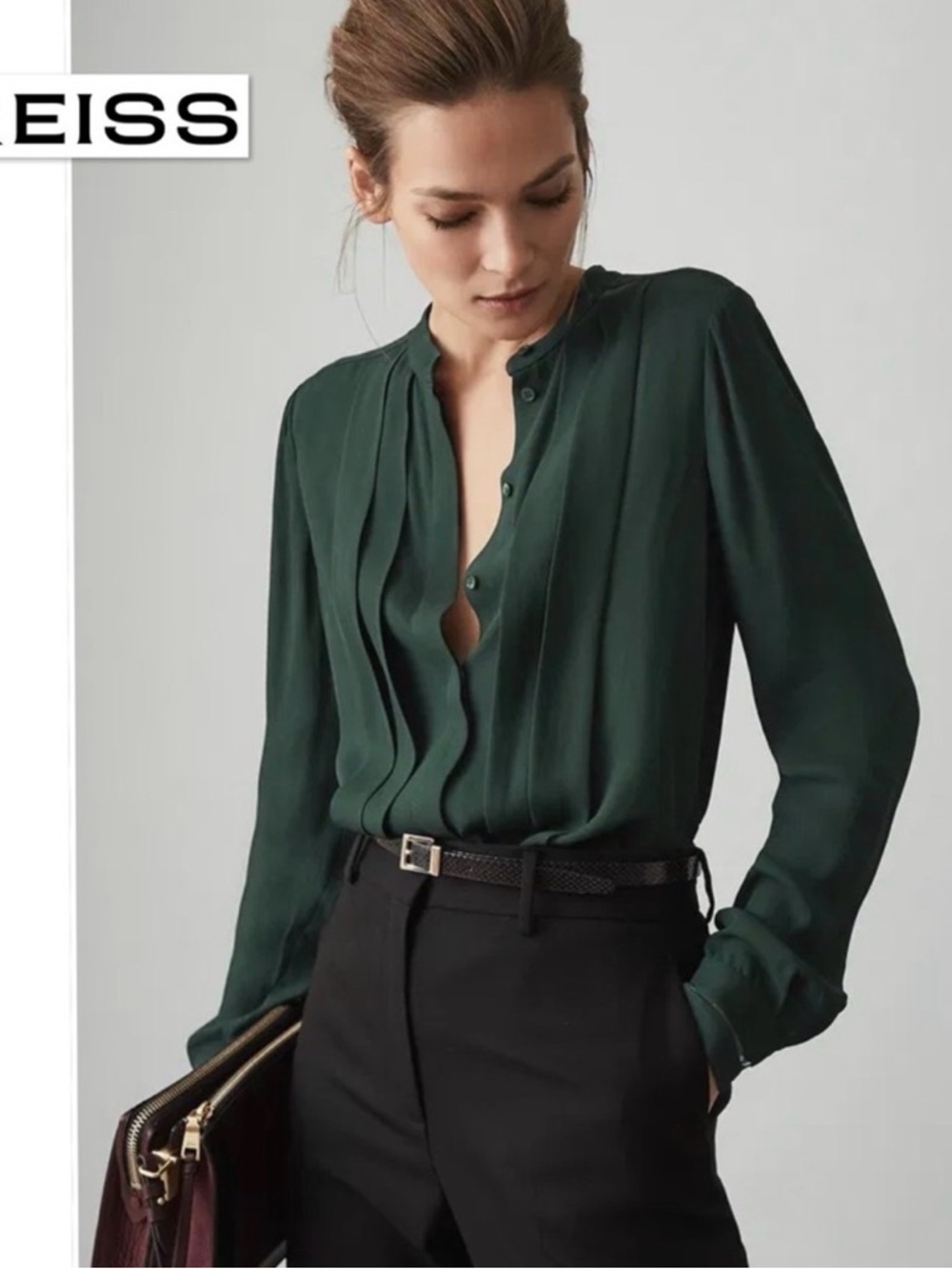 REISS Nicole Pleat Front Blouse Green 4 Button Down Shirt Business Casual Top